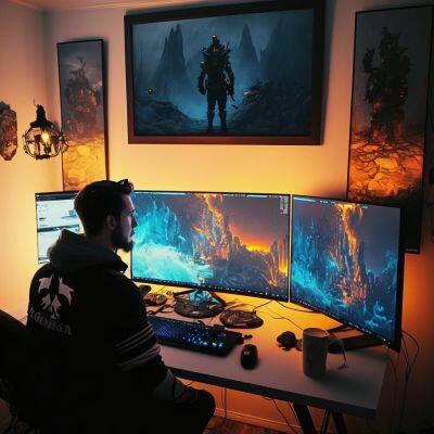 Naglafarn A gamer in front of two monitors playing Valheim and Satisfactory 400x400