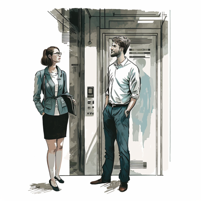 Naglafarn IT Architect female elevator white background talking