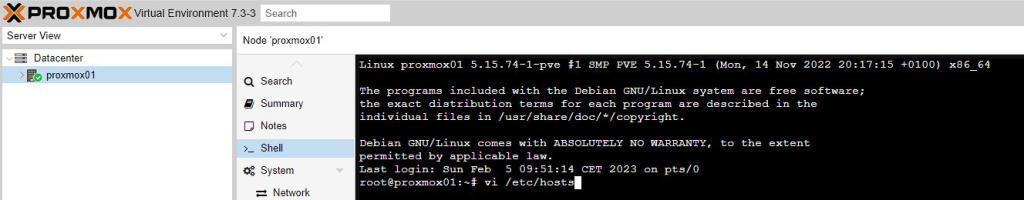 Proxmox open Shell and start vi