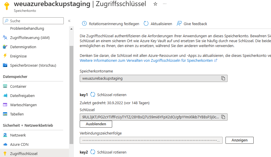 Hier findet ihr den Storage Account Schlüssel 