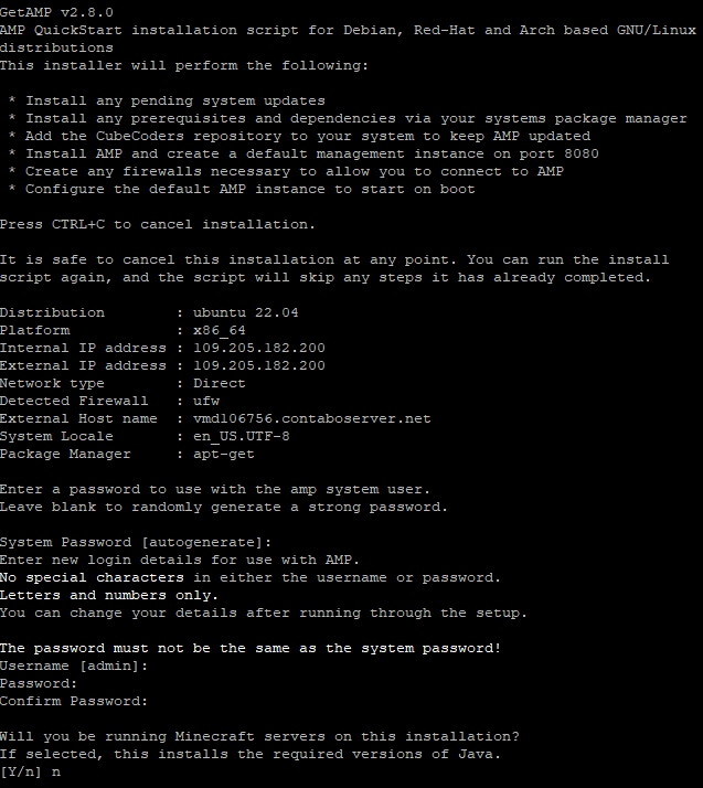 AMP Installationsphase 1 bis Passworteingabe