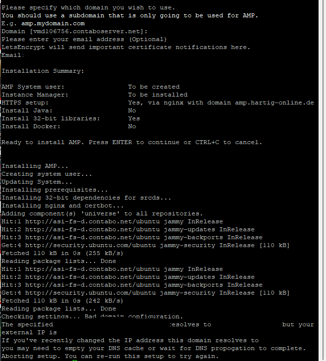 AMP Installationsphase 3 mit Angaben zur eigenen Domaene und Zertifikaten 2