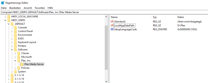 Plex Registry Key HKU Update Service Pfad anpassen