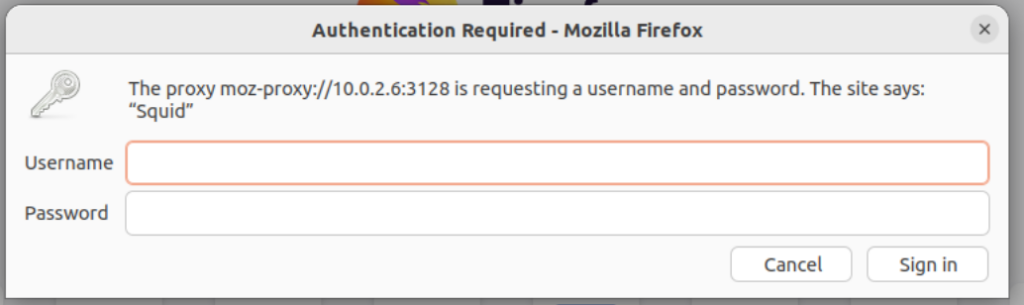 Ubuntu 22.04 Firefox Squid Anmeldemaske