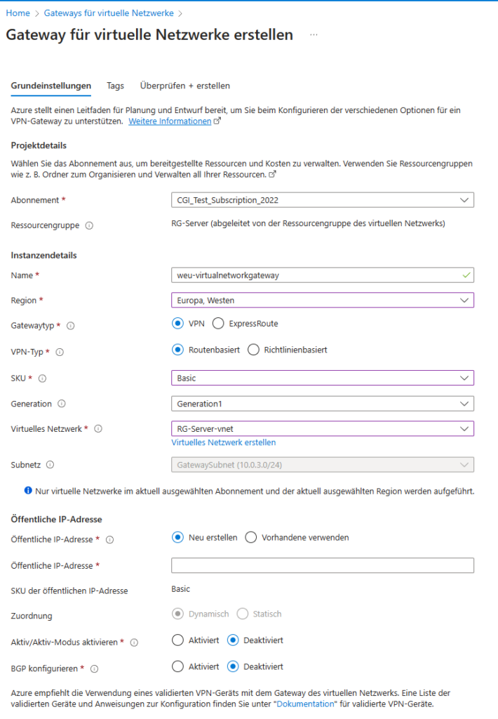 Azure Ubiquiti VPN Gateway fuer virtuelle Netzwerke Routenbasiert