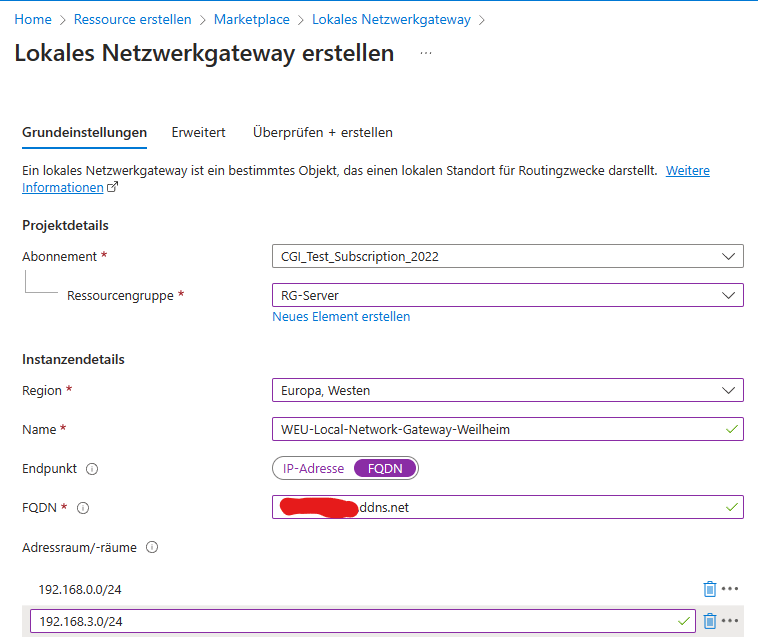 Azure Ubiquiti VPN Konfiguration lokales Netzwerkgateway 1