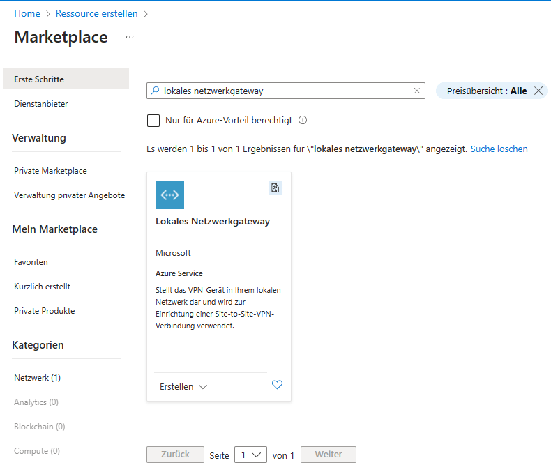 Azure Ubiquiti VPN Marketplace lokales Netzwerkgateway