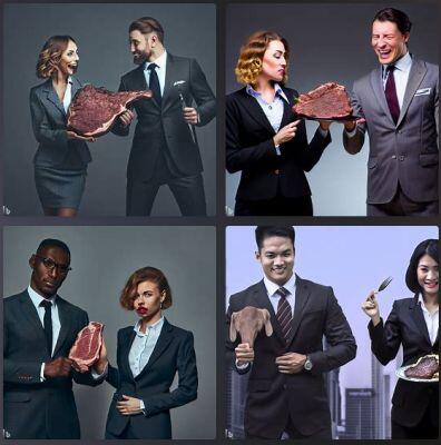 Create a picture of a male and a female stakeholder in business dress with the male stakeholder holding a steak400x400