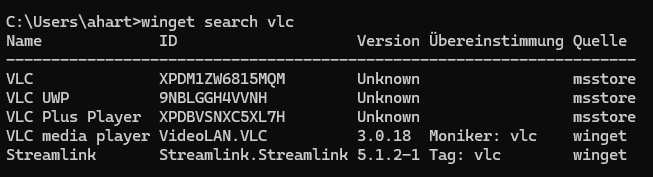 Microsoft Winget Search VLC