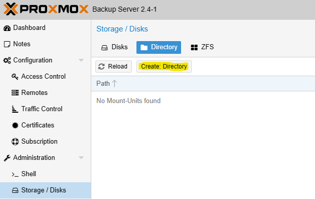 Proxmox Backup Storage Disks Reiter Directory clicken auf create Directory