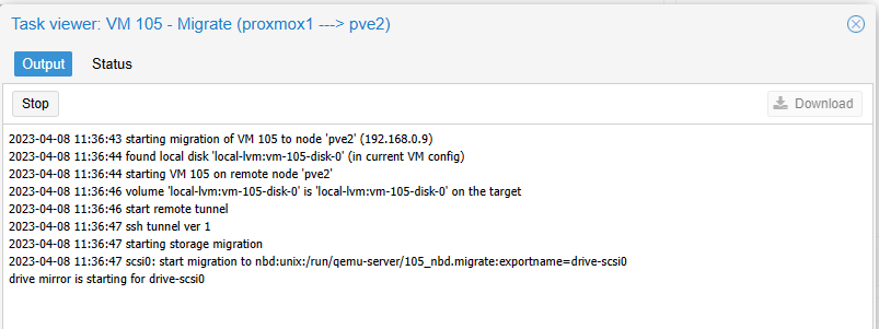 Proxmox Cluster Installation Migrate VM Fortschritt