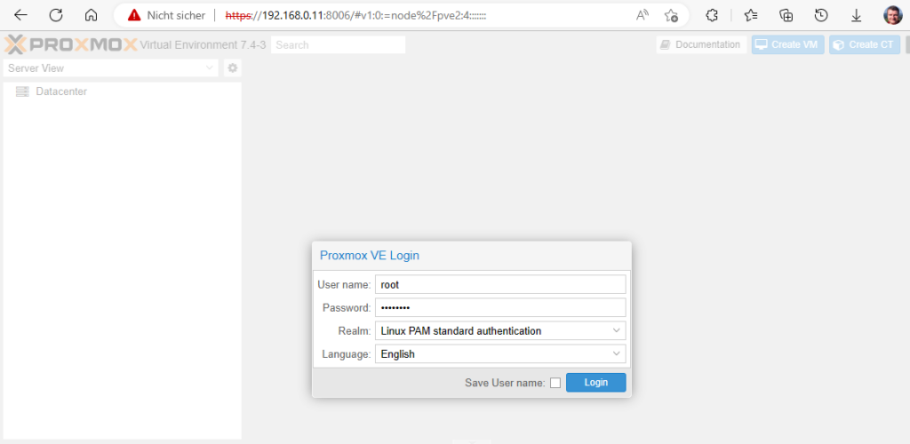 Proxmox Erste Anmeldung
