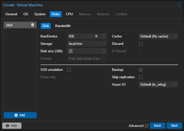 Proxmox Netware 6.8 SP8 VM Anlegen Disk