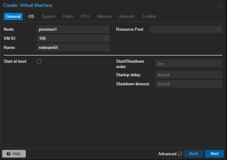 Proxmox Netware 6.8 SP8 VM Anlegen Name